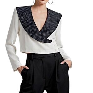 Vintage 80s black white statement shoulder retro satin cropped blazer jacket